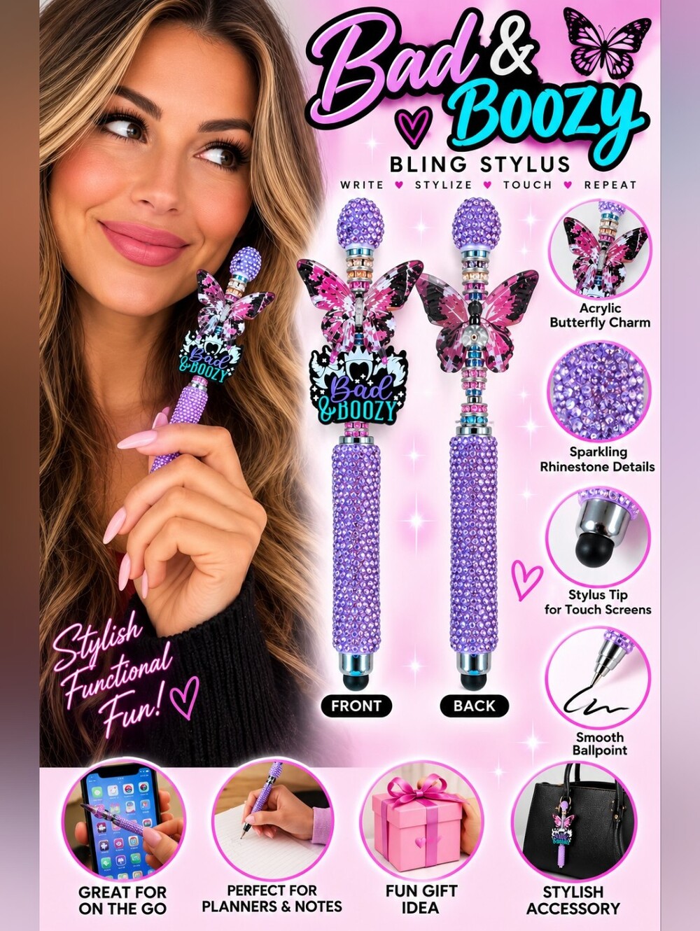 Purple Rhinestone Butterfly Stylus